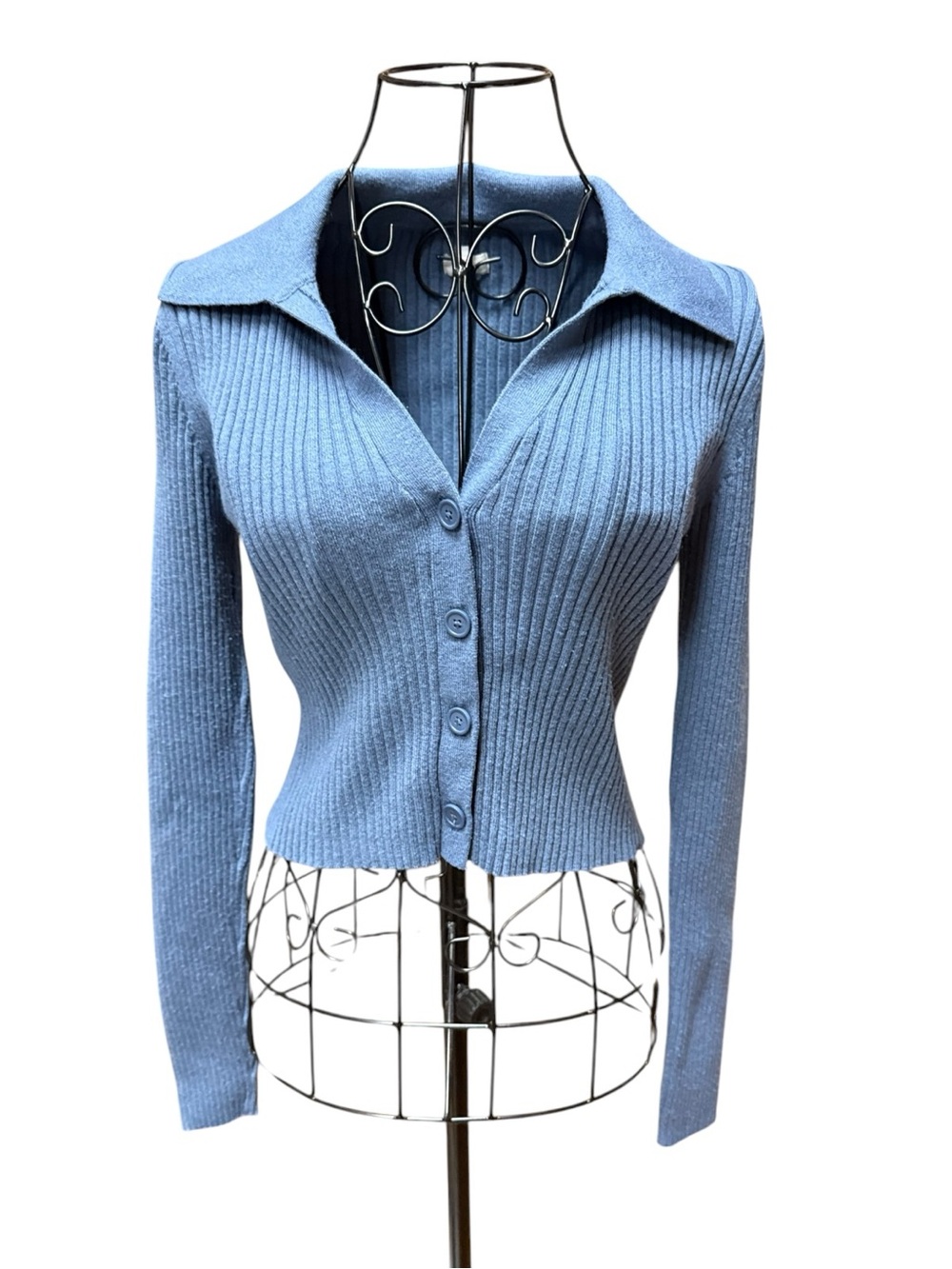 aerie Ribbed Button-Front Collared Cropped Cardigan - Light Blue small